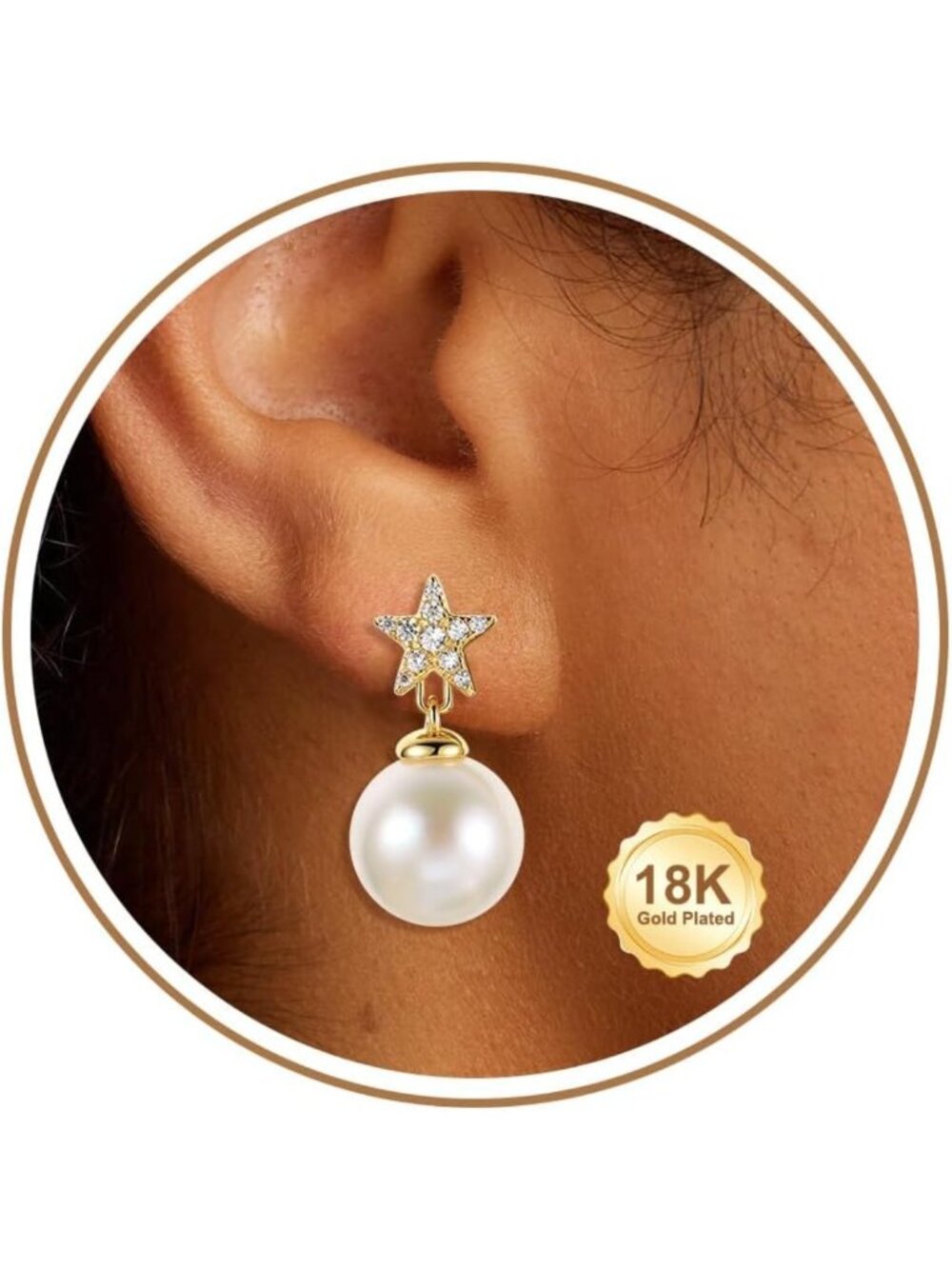 Elegant 18K Gold Plated Sterling Silver CZ Drop Pearl Earrings for Women